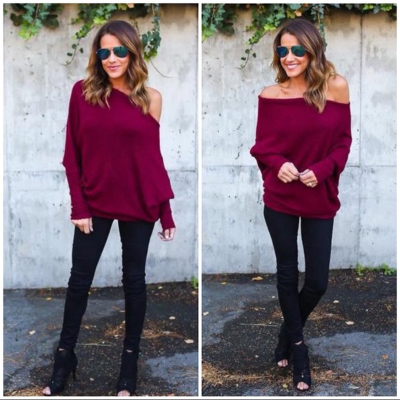 RESTOCK!BURGUNDY OFF SHOULDER LOOSE- SWEATER TOP - Picture 1 of 5